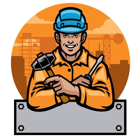 repairman show his equipment with blank banner for textのイラスト素材