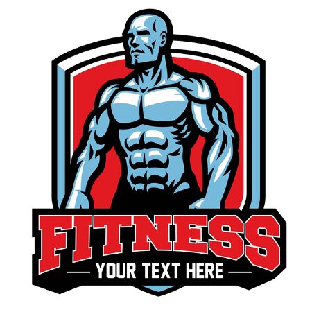 muscle man fitness badge with textのイラスト素材