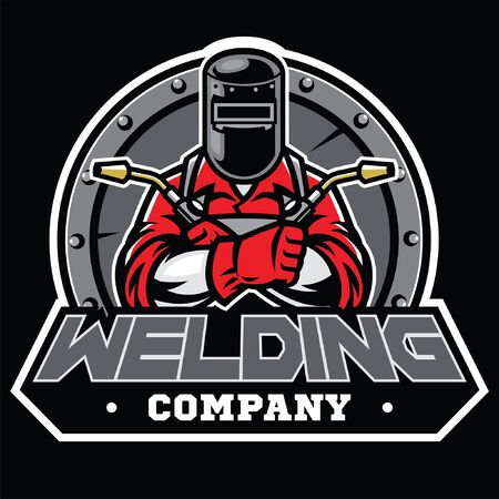 welding concept design with welder pose wearing the mask protectorのイラスト素材