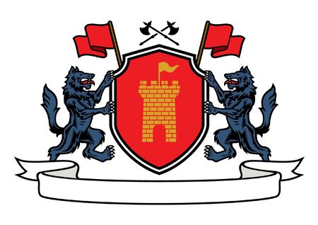 heraldry shield design with twin wolfのイラスト素材