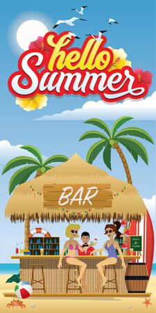 hello summer vertical design with people at beach barのイラスト素材