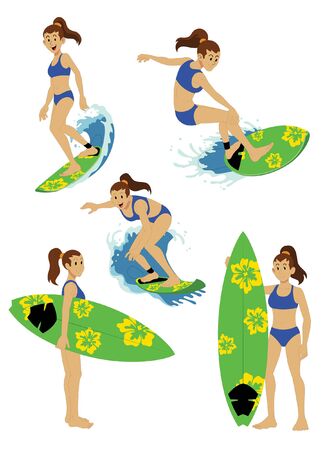 surfer girl set vector collectionのイラスト素材