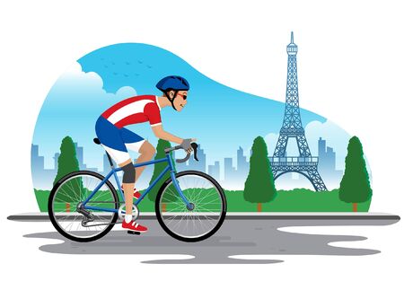 man riding a bike at paris city landscapeのイラスト素材