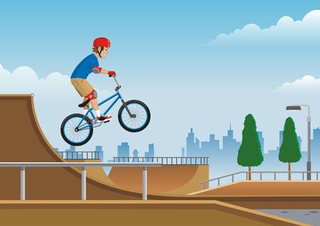 boy riding bmx bike at the skateparkのイラスト素材
