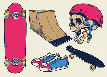 set vector of skateboard object and skullのイラスト素材