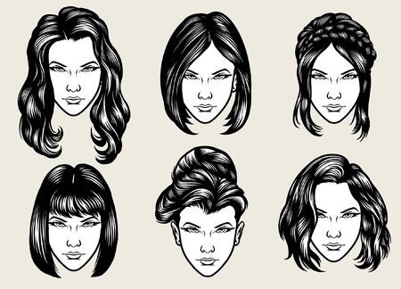 set of beautiful women hair stylesのイラスト素材