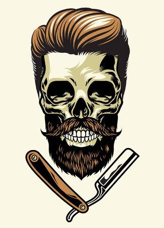 hipster bearded skull with razorのイラスト素材