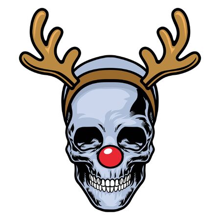 skull wearing red nose and deer antlerのイラスト素材