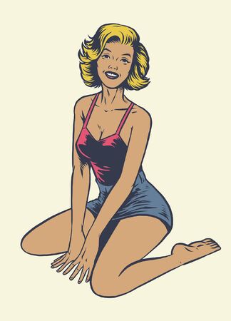 vintage vector illustration of sexy pinup girl wearing swimsuitのイラスト素材
