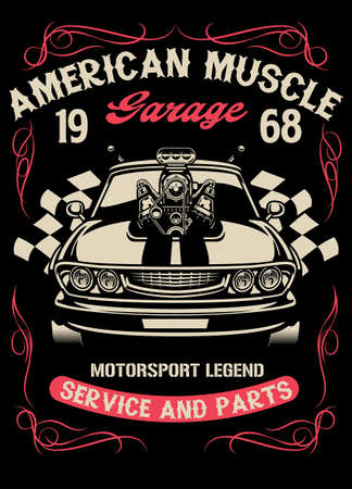 vintage muscle car with big super charger engineのイラスト素材
