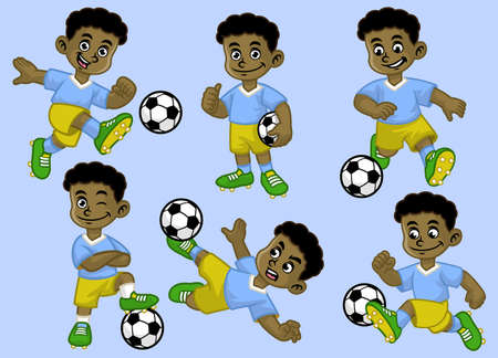 cartoon black kid soccer player setのイラスト素材