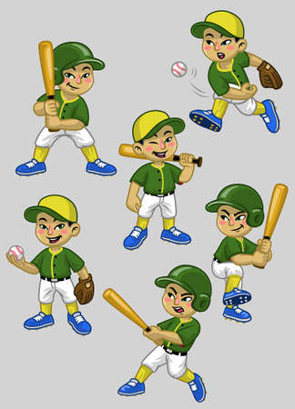 set cartoon of asian boy baseball playerのイラスト素材