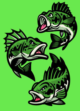 vector set of angry cartoon largemouth bass fishのイラスト素材