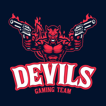 Devil mascot character with pair of pistolsのイラスト素材