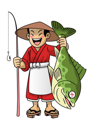 vector of Japan Cartoon Fisherman Show His Big Fishのイラスト素材
