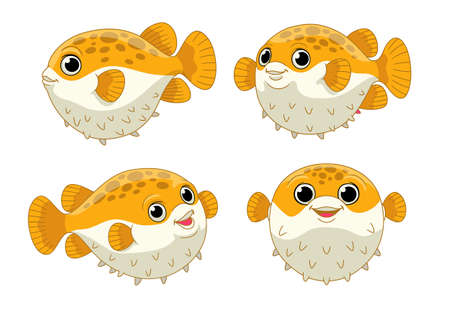 Vector of Cartoon Set of Cute Puffer Fishのイラスト素材