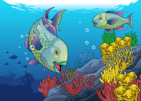 vector of Cute Parrot Fish life in the Coral Ecosystemのイラスト素材
