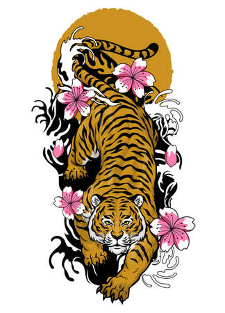 Vintage Japanese Tattoo Style Design of Tigerのイラスト素材