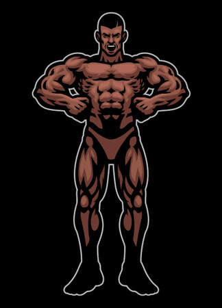Vector of Black Bodybuilder Mascot Flexing His Muscle Bodyのイラスト素材