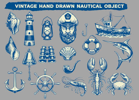 vintage hand drawn of nautical objects in vectorのイラスト素材