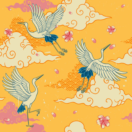 seamless japanese pattern design with heron bird flyingのイラスト素材