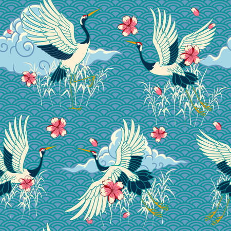 Seamless Vintage Japanese heron bird patternのイラスト素材