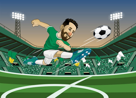 cartoon football player playing football in the stadiumのイラスト素材