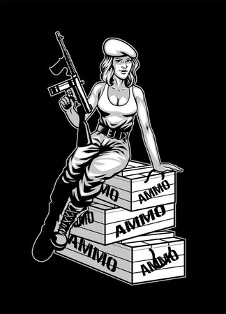 Monochrome Women Soldier sitting on the ammunition cratesのイラスト素材