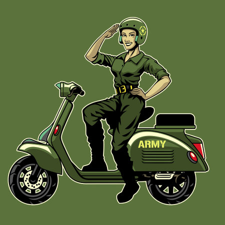 woman world war soldier riding old vintage war scooterのイラスト素材