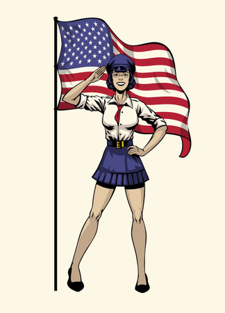 saluting american pin up army woman with USA flag as backgroundのイラスト素材