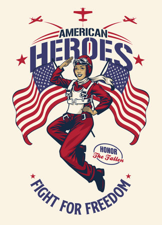 vintage t-shirt design of world war 2 american woman pilotのイラスト素材
