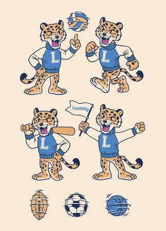 Set of Leopard Sport Mascot in Vintage Retro Hand Drawn Styleのイラスト素材