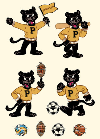 Set of Black Bear Sport Mascot in Vintage Retro Hand Drawn Styleのイラスト素材