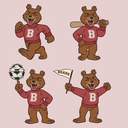 Set of Grizzly Bear Sport Mascot in Vintage Retro Hand Drawn Styleのイラスト素材