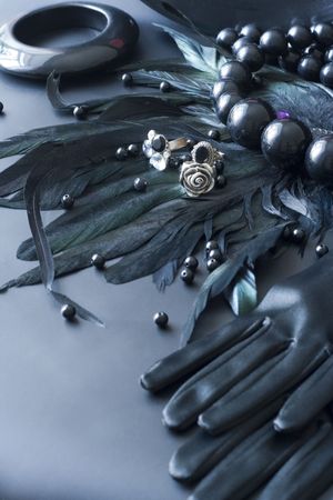 Women jewellery and accessories on black background.の写真素材