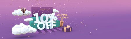 10 Ten percent off 3d-illustration banner in cartoon style. Clearance, discount, sale concept.の写真素材