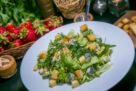 Healthy Salad made from Green Salad Leaves, Rocket Salad, Slices of Fresh Pears, pieces of Blue Cheese, Walnutsの写真素材