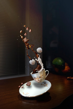 artistic shot with milky splashes flying chocolate coconut candy and nutsの写真素材