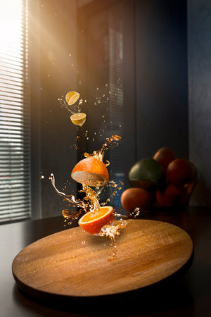 home kitchen setting of flying orange and lemon with splashesの写真素材