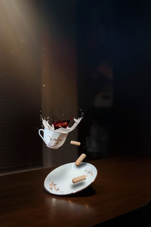 cookies with splashes falling into milk, milk splashes with cookies, cookies in milkの写真素材