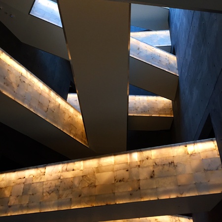The slanted stair case in the human rights museum in Winnipeg Manitoba.