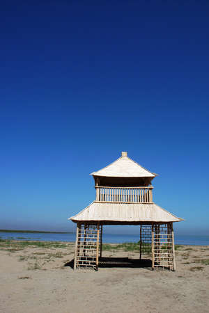 Landscape of wooden pavilion at lakesideの写真素材