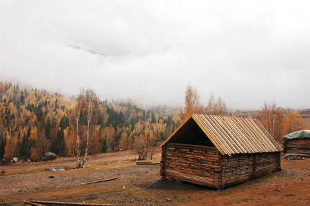 Landscape of a wooden hut in the autumn pastureの写真素材