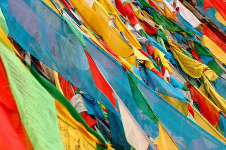 View of colorful buddhist prayer flags in Tibet の写真素材