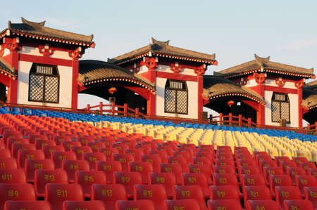 Row of plastic chairs in an open theaterのeditorial素材
