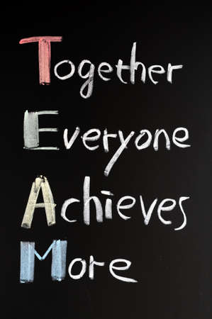 TEAM acronym (Together Everyone Achieves More), teamwork motivation concept of chalk handwriting on...