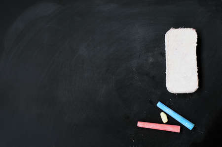 School blackboard or chalkboard, blank, with eraser and chalk