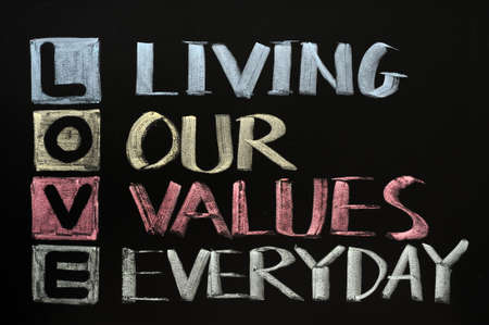 LOVE acronym, Living our values everyday on a blackboardの写真素材