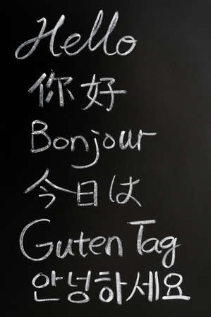 Hello written in different languages on a blackboard