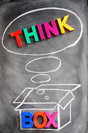 Think outside the box - concept made of colorful letters and chalk drawing Think outside the box - concept made of colorful letters and chalk drawing